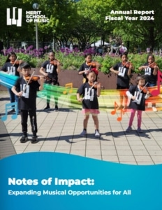 cover of Merit's FY24 annual report, depicting a group of violin students peforming together